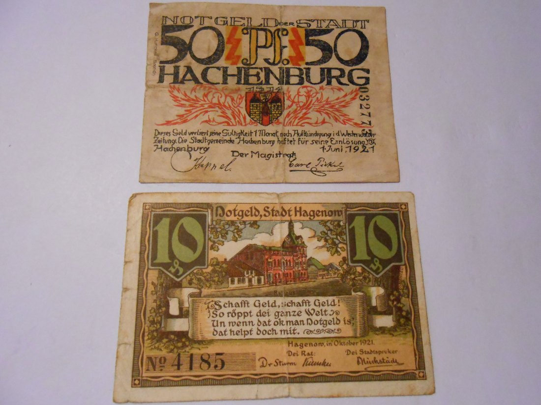  Notgeld(62) 50 Pf. Stadt Hachenburg 1921 Nr.032773  und  10 Pf. Stadt Hagenow 1921 Nr.4185   