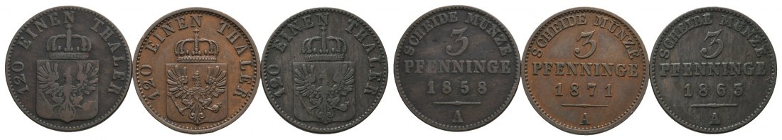  Altdeutschland, Preußen; 3 Kleinmünzen 1858/1863/1871   