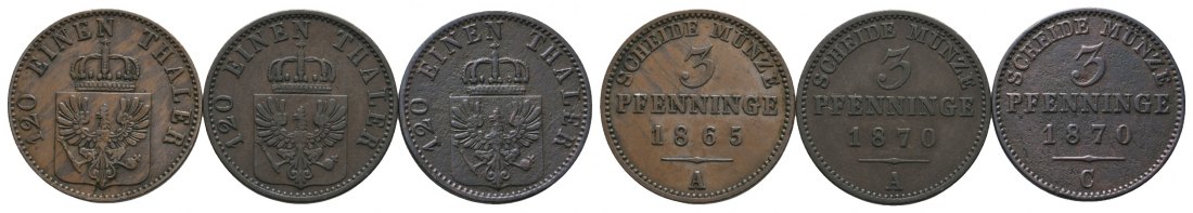  Altdeutschland, Preußen; 3 Kleinmünzen 1865/1870/1870   
