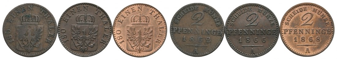  Altdeutschland, Preußen; 3 Kleinmünzen 1862/1866/1868   