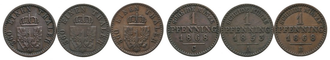  Altdeutschland, Preußen; 3 Kleinmünzen 1868/1853/1868   