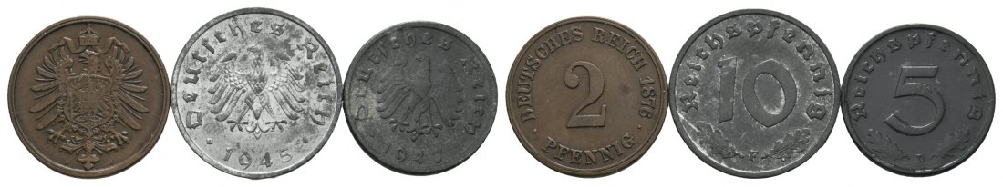  Deutsches Reich; 3 Kleinmünzen 1945/1947/1876   