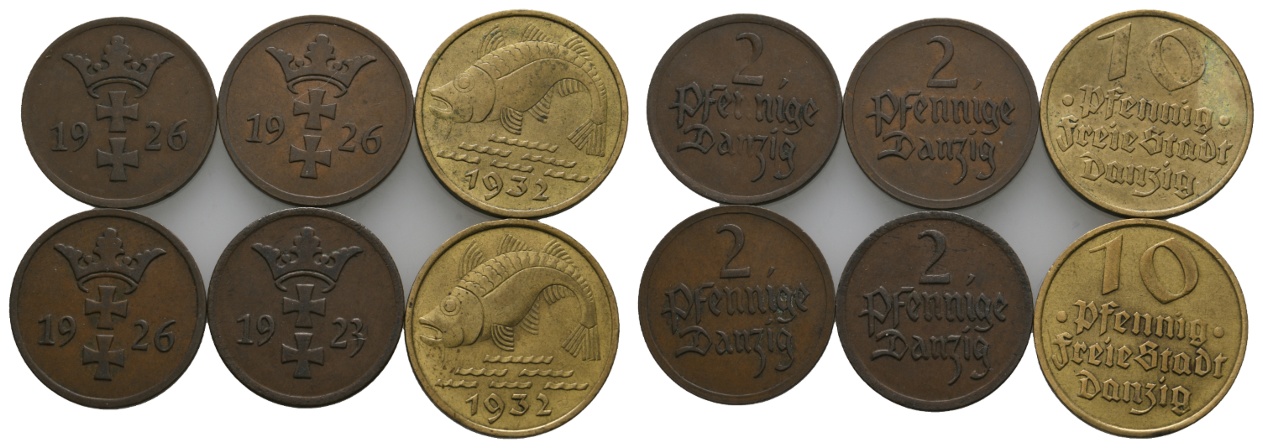  Deutsches Reich; Danzig; 6 Kleinmünzen 1926/1926/1926/1923/1932/1932   