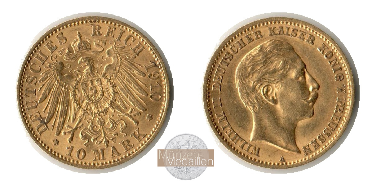 Deutsches Kaiserreich, Preussen. MM-Frankfurt Feingewicht: 3,58g Gold Wilhelm II. 1888-1918. 10 Mark 1910 A 