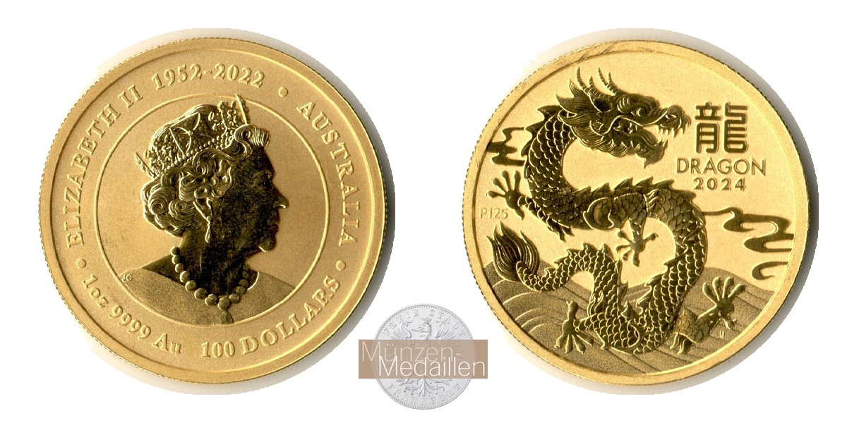  Australien 100 Dollars Year of the Dragon 2024 (Elizabeth II) MM-Frankfurt Feingold: 31,1g   