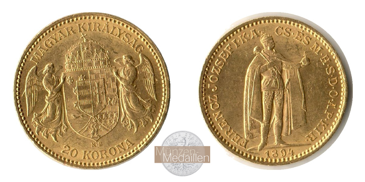 Ungarn MM-Frankfurt Feingold: 6,10g 20 Kronen 1894 