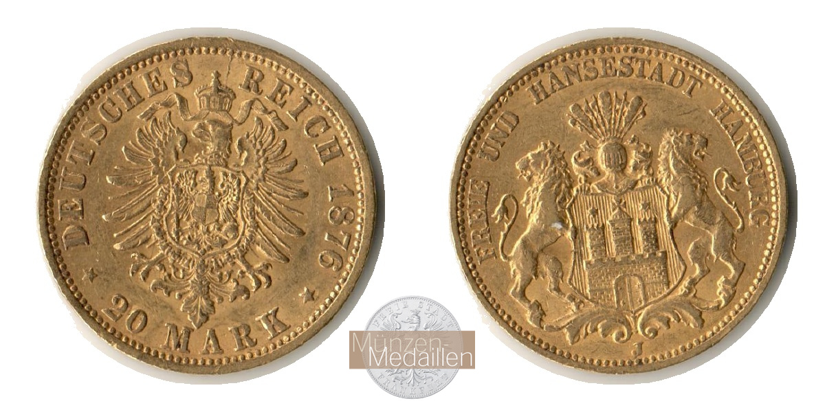 Hamburg, Kaiserreich MM-Frankfurt KM#602 Feingold: 7,17g 20 Mark (1875-1889) 1876 J 