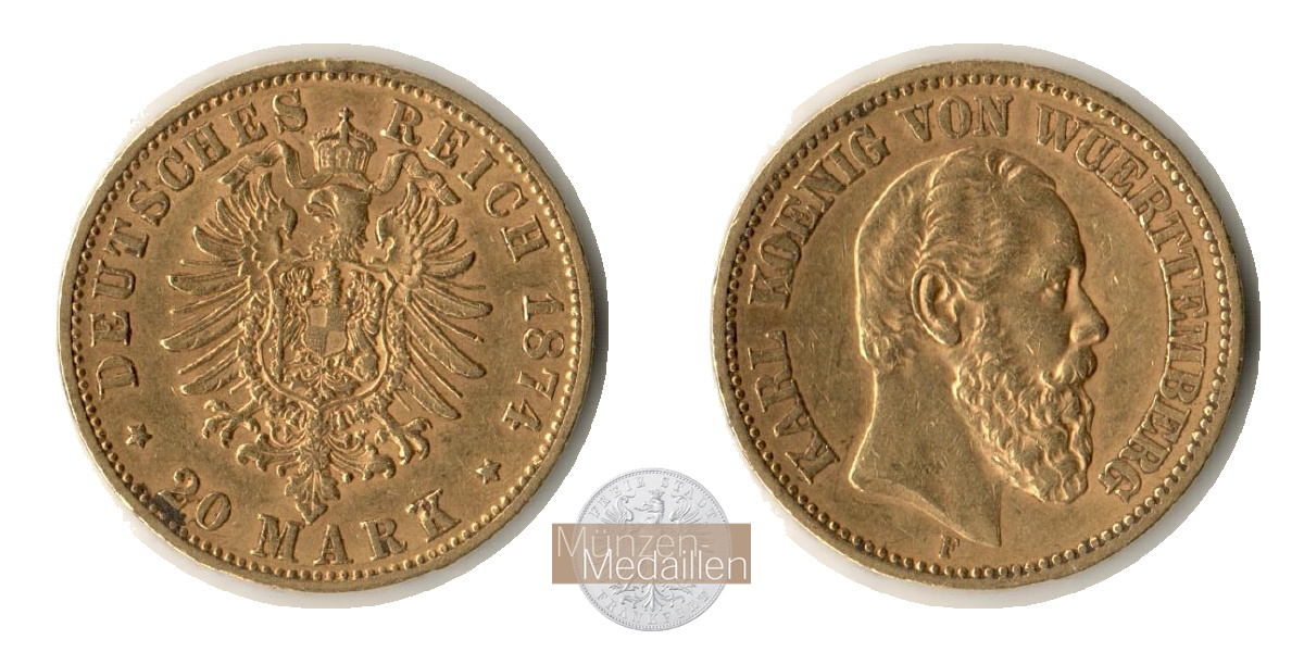 Deutsches Kaiserreich, Württemberg MM-Frankfurt Feingold: 7,17g Karl. 20 Mark 1874 F 
