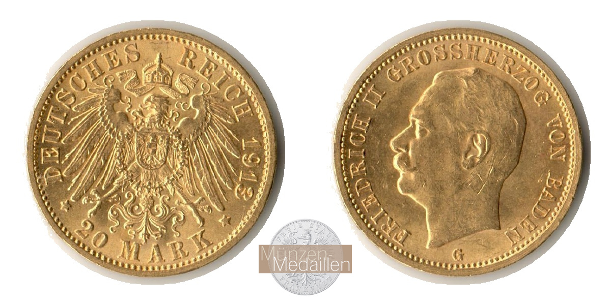 Deutsches Kaiserreich, Baden. MM-Frankfurt Feingewicht: 7,17g Gold 20 Mark 1913 G 