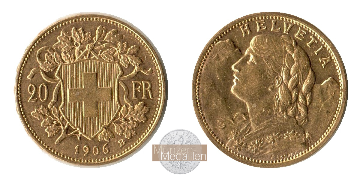 Schweiz  20sFR  1906 B MM-Frankfurt Feingold: 5,81g Vreneli  