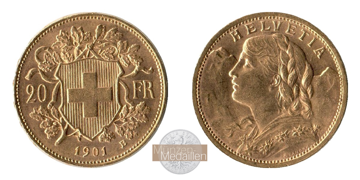 Schweiz  20sFR  1901 B MM-Frankfurt Feingold: 5,81g Vreneli  