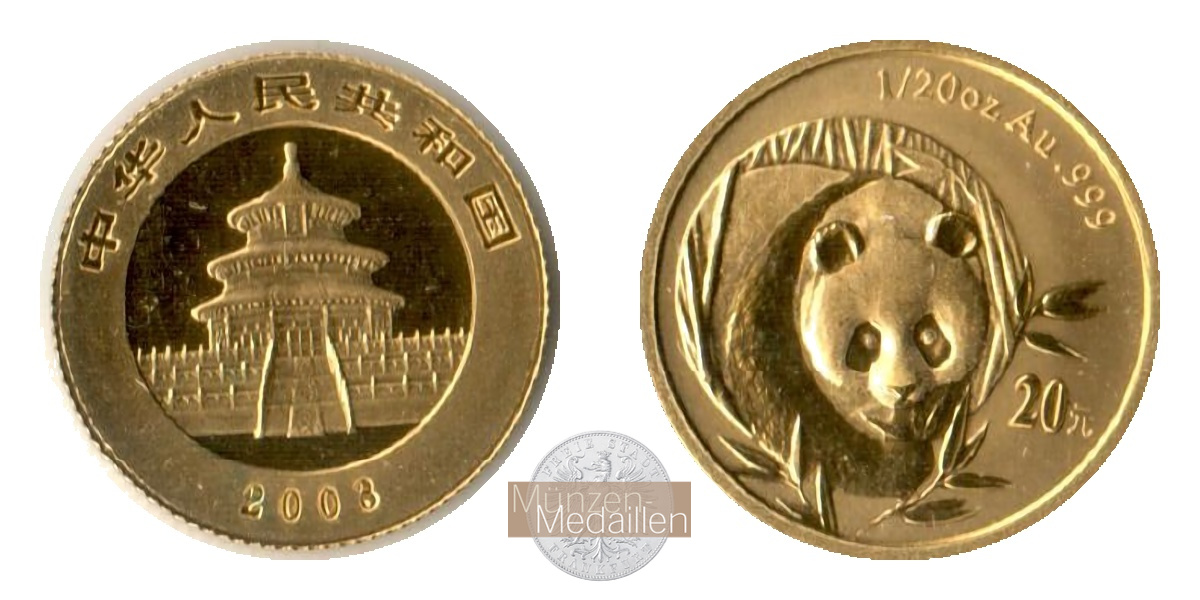 China, Volksrepublik. MM-Frankfurt Feingewicht 1,55g 20 Yuan (Panda) 2003