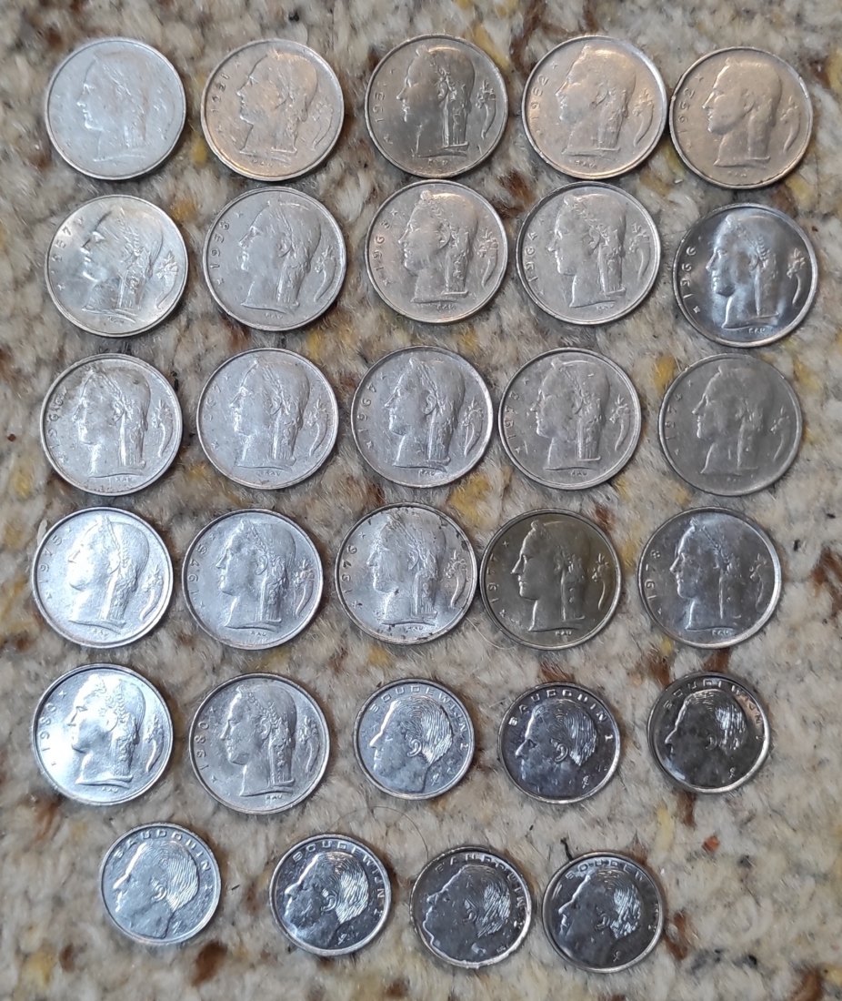  Set 015: Belgien Münzlot mit 15 x 1 Franc Stücke mit verschiedenen Prägejahren   