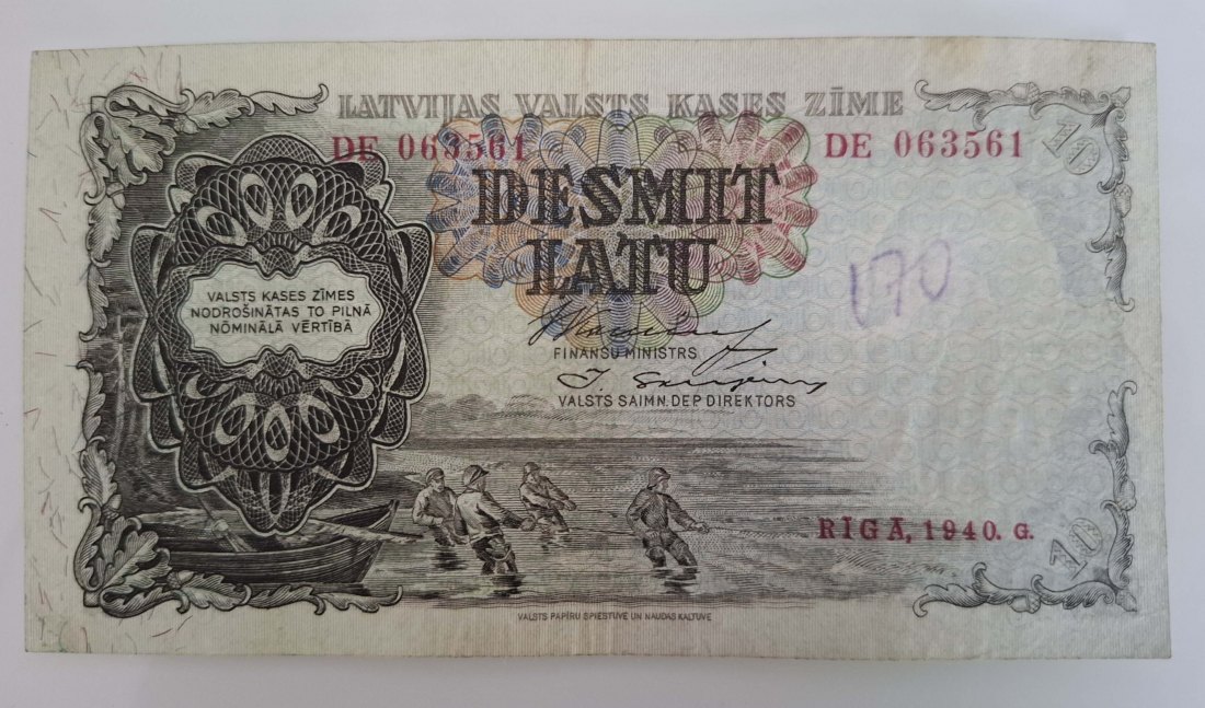 Lettland 10 Latu 1940 Banknote mit Gebrauchsspuren P.29