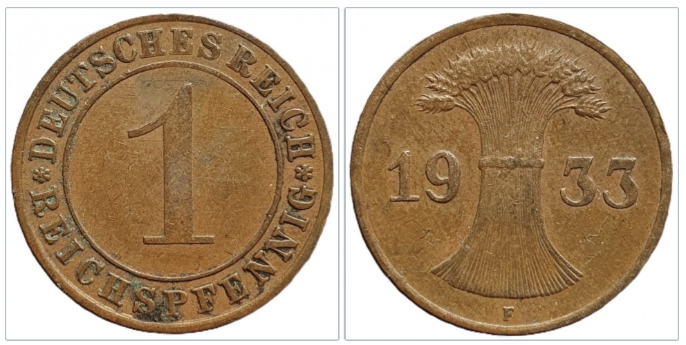  Deutschland 1 Reichspfennig 1933 Münzzeichen F - Stuttgart   