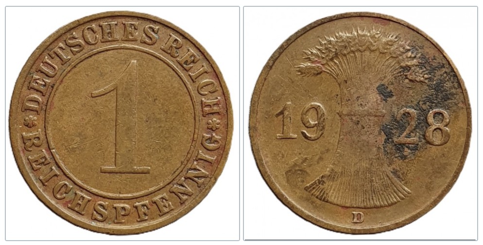  Deutschland 1 Reichspfennig, 1928 Münzzeichen D - München   