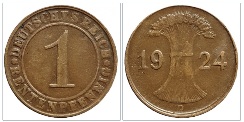  Deutschland 1 Rentenpfennig 1924 Münzzeichen D - München   