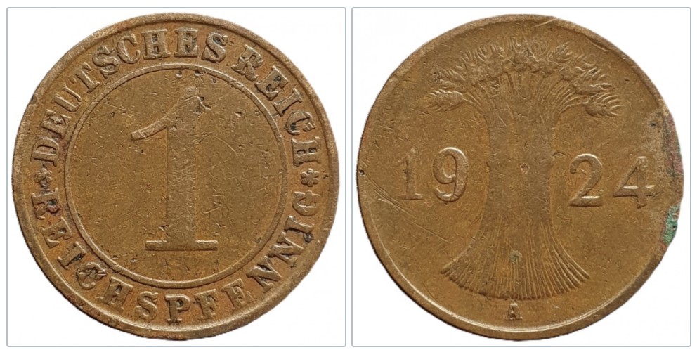  Deutschland 1 Reichspfennig 1924 Münzzeichen A - Berlin   