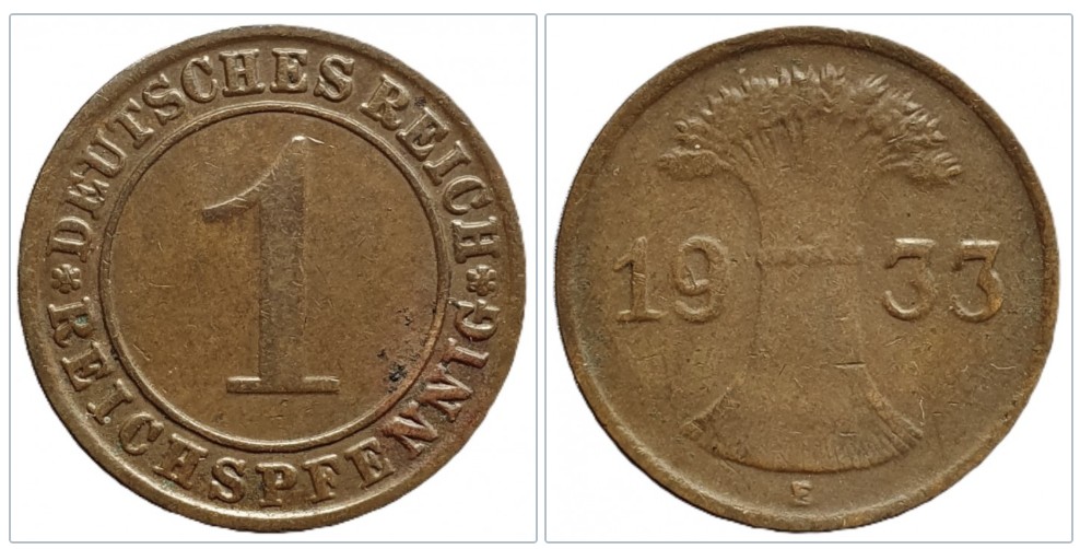 Deutschland 1 Reichspfennig 1933 Münzzeichen E - Muldenhütten   