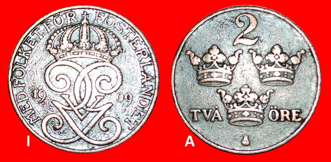 Ⰺ 3 CROWNS (1909-1950): SWEDEN★2 ORE 1909! Gustav V (1907-1950) DISCOVERY COIN★LOW START★NO RESERVE!