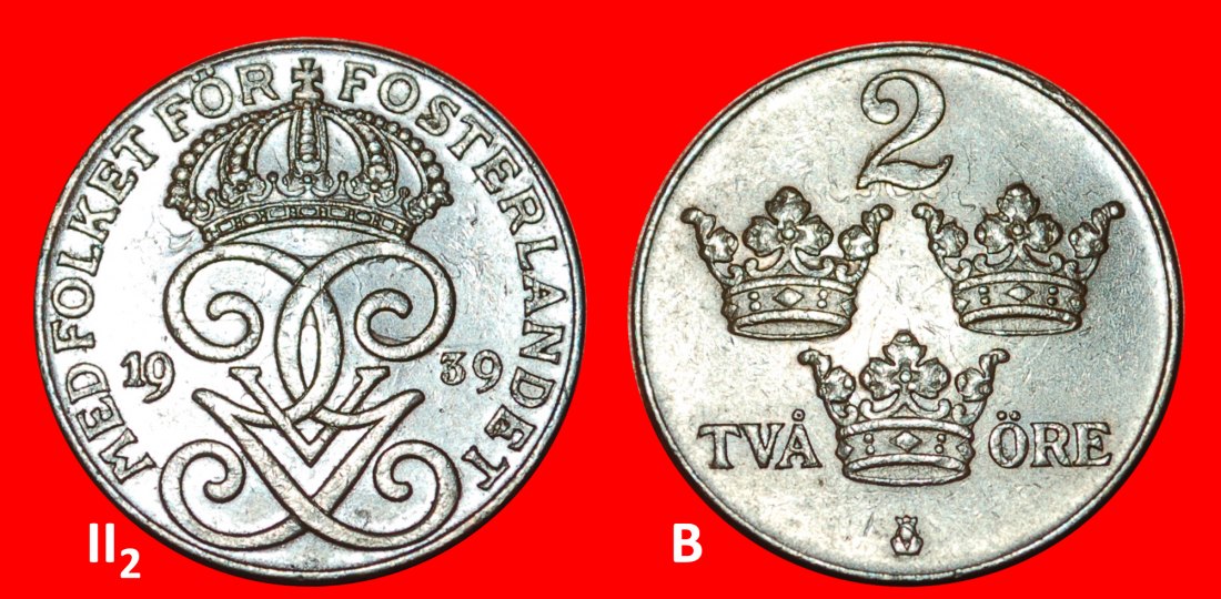 Ⰺ 3 CROWNS (1909-1950): SWEDEN★2 ORE 1939! Gustav V (1907-1950) DISCOVERY COIN★LOW START★NO RESERVE!