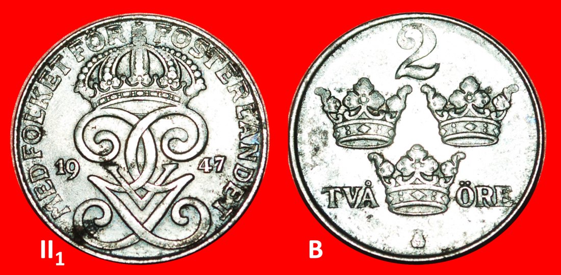 Ⰺ 3 CROWNS (1909-1950): SWEDEN★2 ORE 1947! Gustav V (1907-1950) DISCOVERY COIN★LOW START★NO RESERVE!