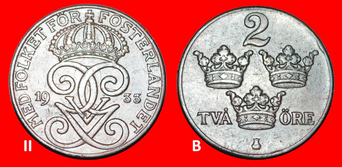 Ⰺ 3 CROWNS (1909-1950): SWEDEN★2 ORE 1933! Gustav V (1907-1950) DISCOVERY COIN★LOW START★NO RESERVE!
