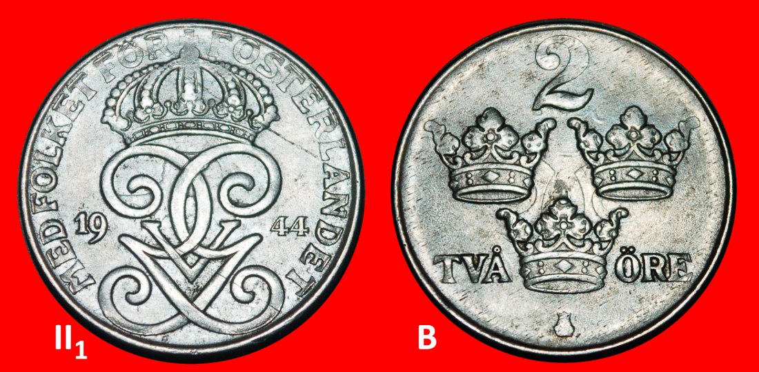 Ⰺ 3 CROWNS (1909-1950): SWEDEN★2 ORE 1944! Gustav V (1907-1950) DISCOVERY COIN★LOW START★NO RESERVE!