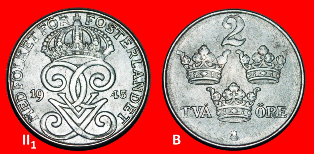 Ⰺ 3 CROWNS (1909-1950): SWEDEN★2 ORE 1945! Gustav V (1907-1950) DISCOVERY COIN★LOW START★NO RESERVE!