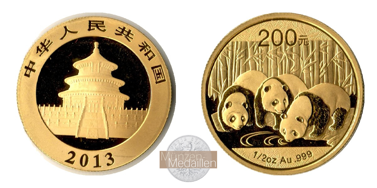 China  200 Yuan MM-Frankfurt Feingold: 15,55g Drei Pandabären beim Wasser trinken 2013 
