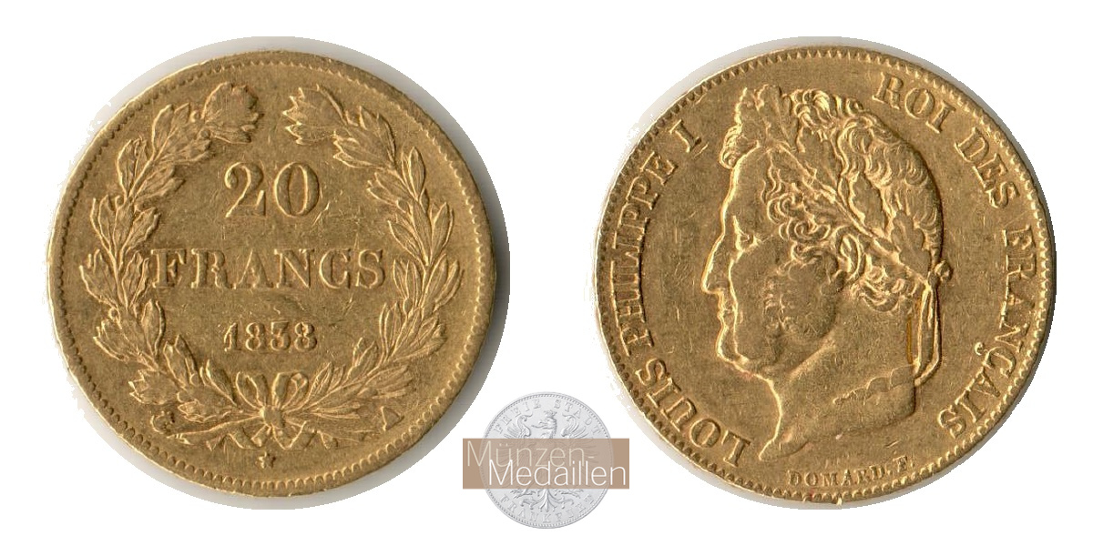 Frankreich MM-Frankfurt  Feingold: 5,81g 20 Francs 1838 