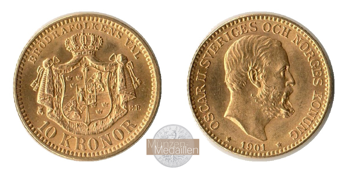 Schweden, Oscar II (1872-1907) MM-Frankfurt KM#743 Feingold: 4,03g 10 Kronen 1901 