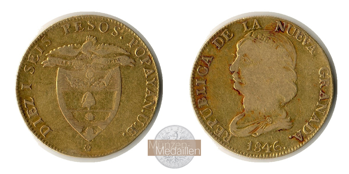 Kolumbien, Republik Neu-Granada MM-Frankfurt  Feingold: 23,63g 16 Pesos 1840 