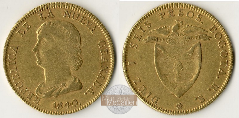 Kolumbien, Republik Neu-Granada MM-Frankfurt  Feingold: 23,63g 16 Pesos 1840 