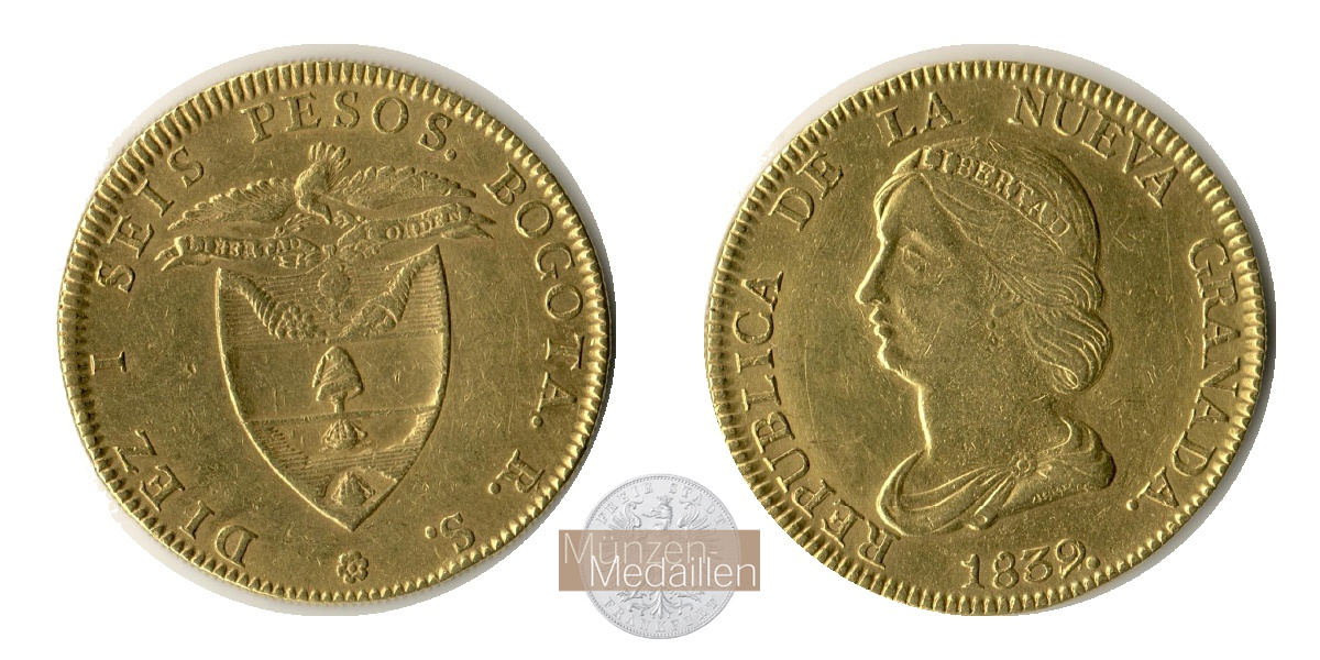 Kolumbien, Republik Neu-Granada MM-Frankfurt  Feingold: 23,63g 16 Pesos 1832 