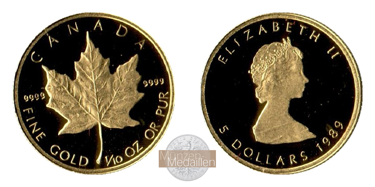 Kanada MM-Frankfurt  Feingewicht: 3,11g Gold 5 Dollar 1989 
