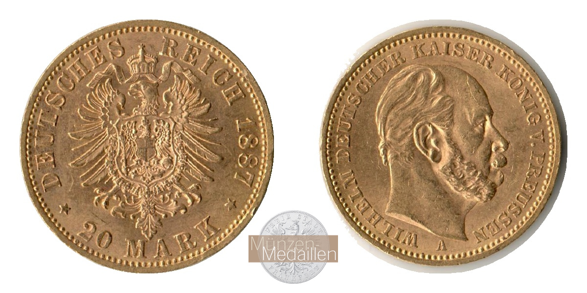 Dt. Kaiserreich Preussen, Wilhelm I. MM-Frankfurt KM#505 Feingold: 7,17g 20 Mark (1874-1888) 1887 A 
