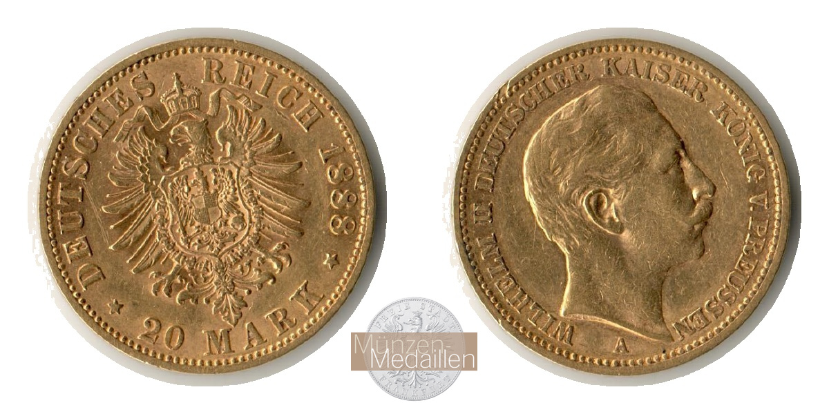 Deutsches Kaiserreich. Preussen MM-Frankfurt Feingold: 7,17g Wilhelm I. 20 Mark 1888 A 