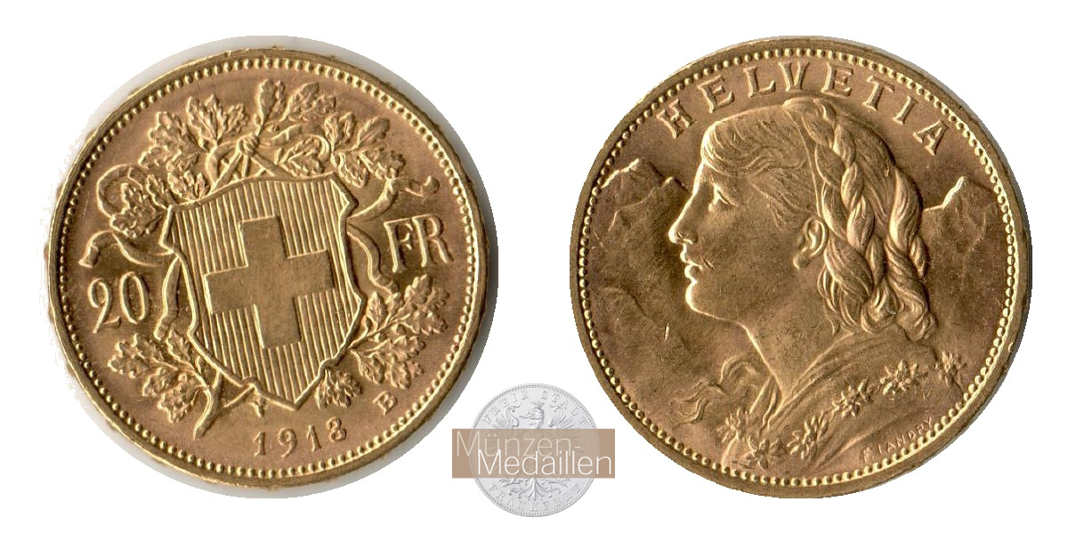 Schweiz MM-Frankfurt KM#35.1 Feingold: 5,8g 20 Francs Vreneli 1913 