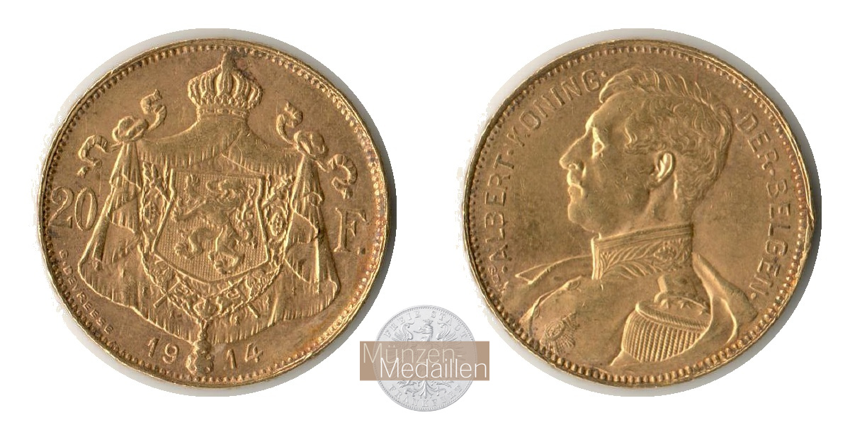 Belgien 20 Francs Albert I  1914 MM-Frankfurt KM#78 Feingold: 5,86g   