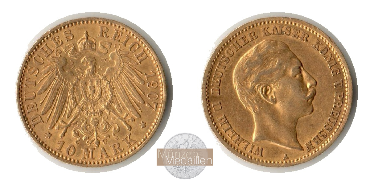 Deutsches Kaiserreich. Preussen, MM-Frankfurt Feingold: 3,58g Wilhelm II., 1888-1918. 10 Mark 1907 A 