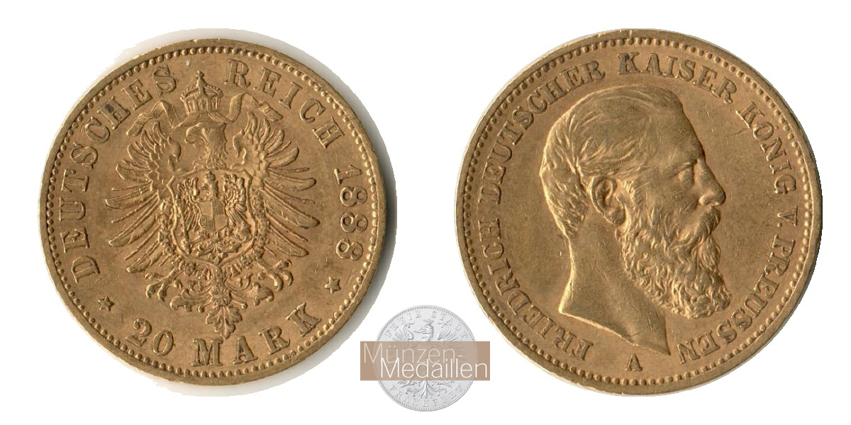 Dt. Kaiserreich Preussen, Friedrich III MM-Frankfurt KM#515 Feingold: 7,17g 20 Mark 1888 A 