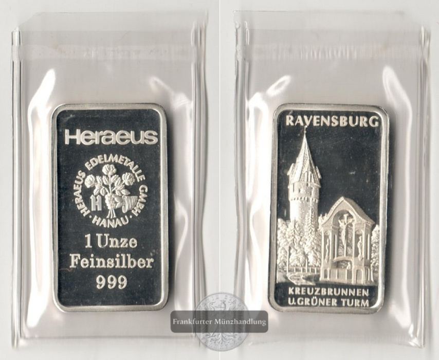  Deutschland Silberbarren 1oz Heraeus Ravensburg FM-Frankfurt Feinsilber: 31,1g   