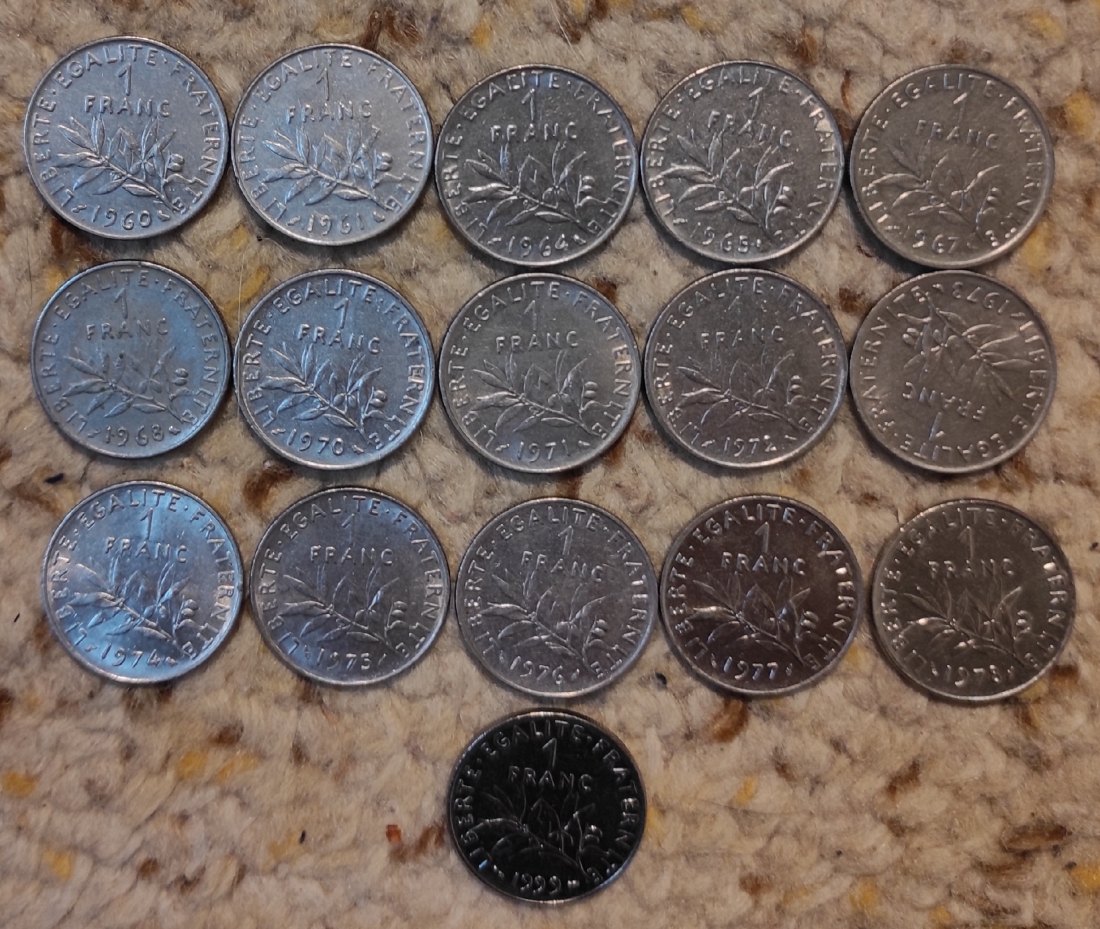  Set 026: Frankreich Münzlot mit 16 x 1 Franc-Stücken mit verschiedenen Jahrgängen   