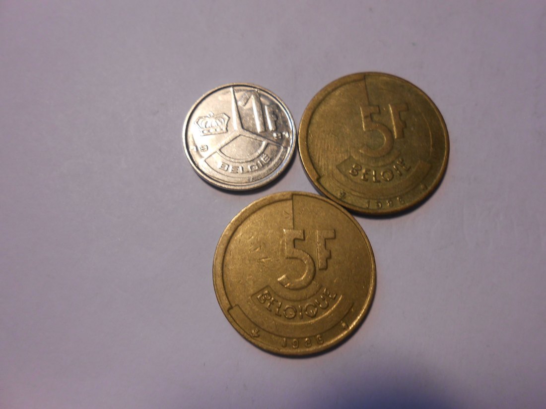 hn29 / Belgien, 3er Lot, 1 Franc 1991 BELGIË, 5 Francs 1986 BELGIË, 5 Francs 1986 BELGIQUE