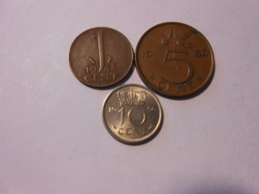  hn30 / Niederlande, 3er Lot, 1 Cent 1948 (KM# 175), 5 Cent 1980 (KM# 181) und 10 Cent 1956 (KM# 182)   