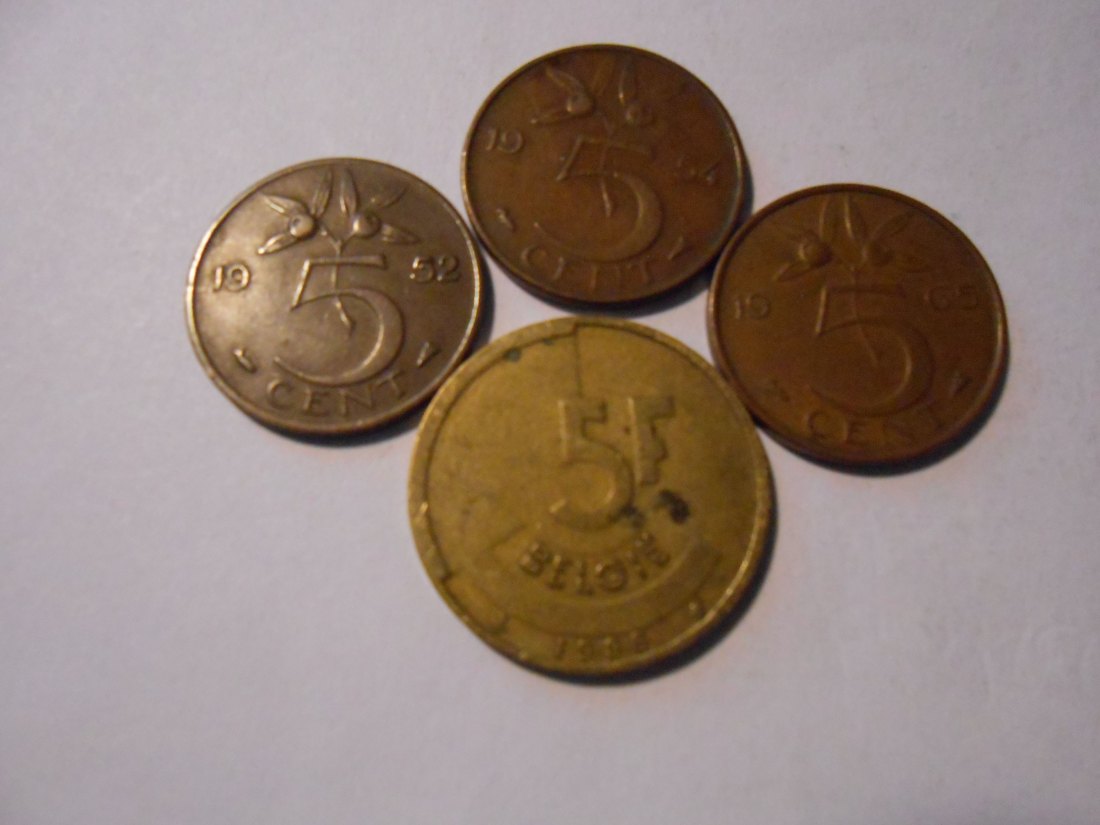  hn31 / Niederlande Belgien,4er Lot,5 Cent 1952 1954 1965 (KM# 181)/ 5 Francs 1986 BELGIË (KM# 164)   