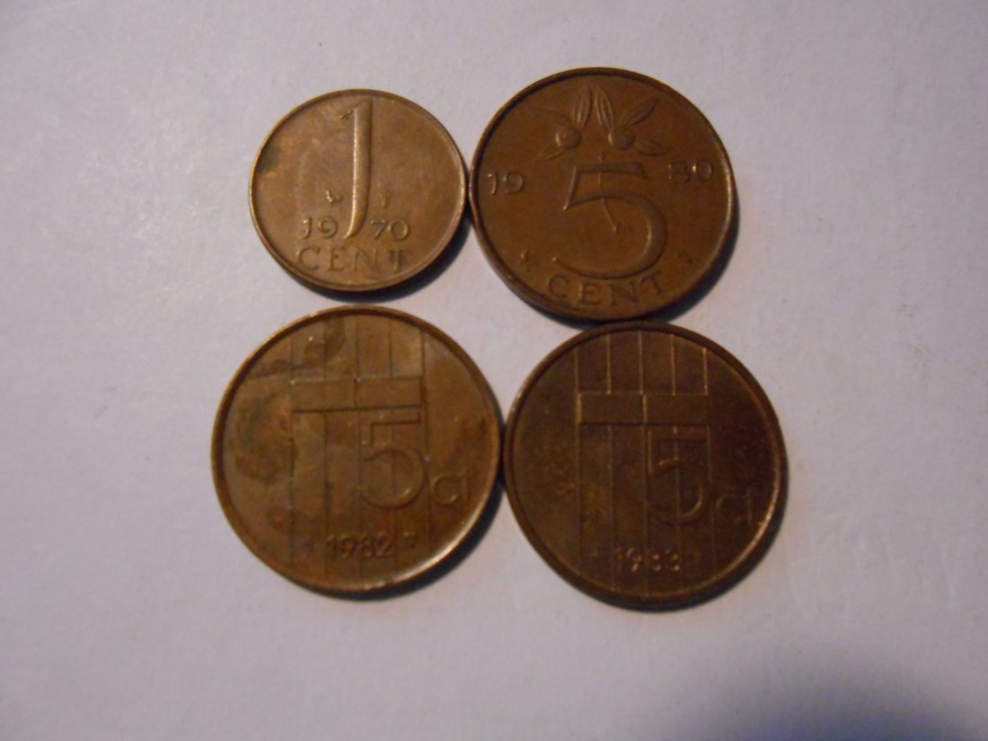 hn33/Niederlande, 4er Lot, 1 Cent 1970 (KM# 180), 5 Cent 1980 (KM# 181), 5 Cent 1982 1983 (KM# 182)