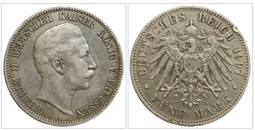  Deutsches Kaiserreich Preussen 5 Mark, 1907 A Wilhelm II. Silber 25g fein   