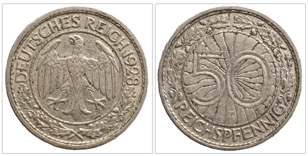  Deutschland 50 Reichspfennig, 1928 Münzzeichen F - Stuttgart #4   